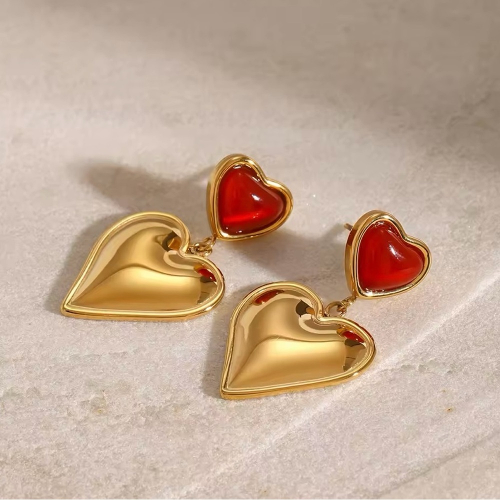 Gold & Red Heart Earrings 18k Gold PVD Plated